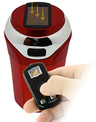 Auto Aschenbecher mit Solar Feuerzeug und LED Licht, kein Aufladen, Abnehmbarer und tragbarer Zigarettenanzünder (Rot)