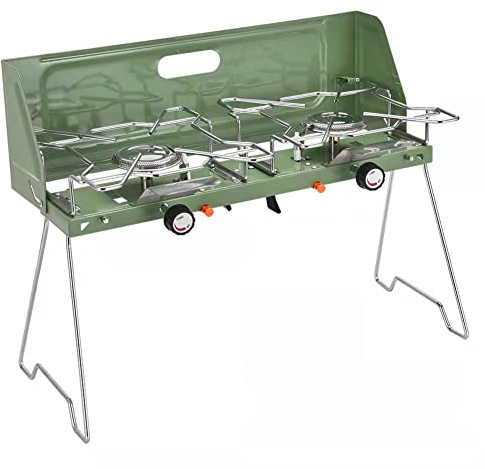 Doppelbrenner-Gaskocher für den Innen- und Außenbereich, 2,6-kW-Brenner-Camping-Ölheizungen, Faltbare und tragbare Mobile Camping-Kochanlage (Green)