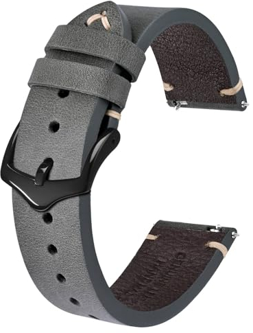 BISONSTRAP Uhrenarmband für Herren, Handgefertigte Stiche Leder Armband, Schnellverschluss, 20mm, Grau mit Schwarzer Schnalle