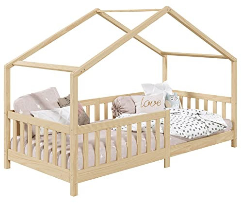 IDIMEX Lit cabane Enfant 90x190 cm LISAN lit Simple Montessori avec Barrières de Protection en Bois Massif Finition Naturelle