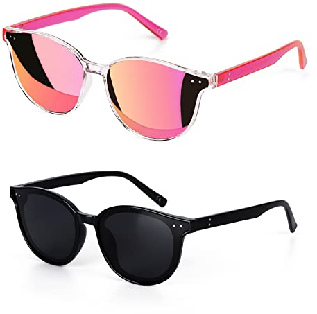 Sumato Round Cat Eye Sunglasses for Women Trendy Women Sunglasses Classic Vintage Designer Style UV400 Protection Mirrored Lens Pink Black Girls Men 2 Pack