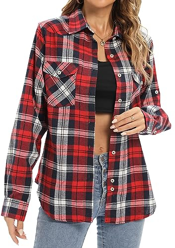 siliteelon Damen Hemd Kariertes Baumwolle Freizeithemd Bluse Langarm Regular Fit Flanellhemden