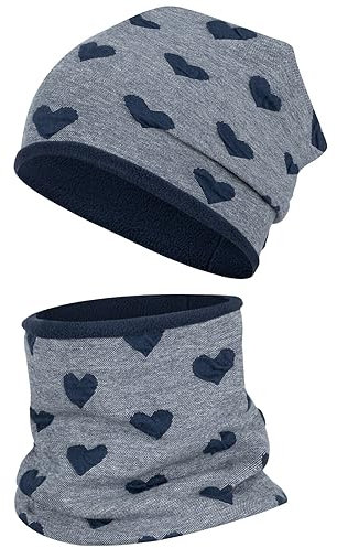 Smarilla Wintermütze + Schlauchschal Mädchen Winterset Beanie Snood, Größe: 54-56, Farbe: Dunkelblau-Herz