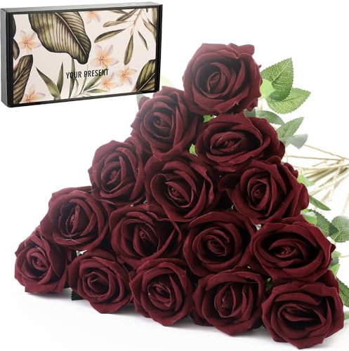 Cloudecor 15Pcs Small Fake Roses Velet Artificial Rose Long Stem Artificial Silk Flowers for Home Wedding Decoration (Pearl Roses,Wine Red)