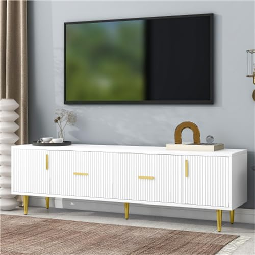 Tcewhhy Mueble TV Grande Soporte para TV para Televisores De hasta 70 Mueble Bajo Tiradores Dorados Mueble para TV con 2 Puertas 2 Cajones Aparador Bisagras Silenciosas Aparador para Salón Blanco