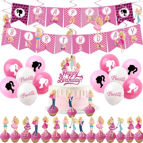 44P Hot Pink Bar-bie Birthday Party Decorations Set for Girl,Bar-bie Party Pack Happy Birthday Banner Bar-bie Latex Balloons Cake Toppers Hanging Spiral for Kids Girls Bar-bie Themed Party Decorations