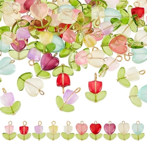 PH PandaHall 60pcs 2 Styles Tulip Charms Pendants Heart Flower Charms with Metal Loop, Assorted Color Dangle Glass Bead Charms Bulk for DIY Jewellery Making Lampwork Necklace Earring Bracelet