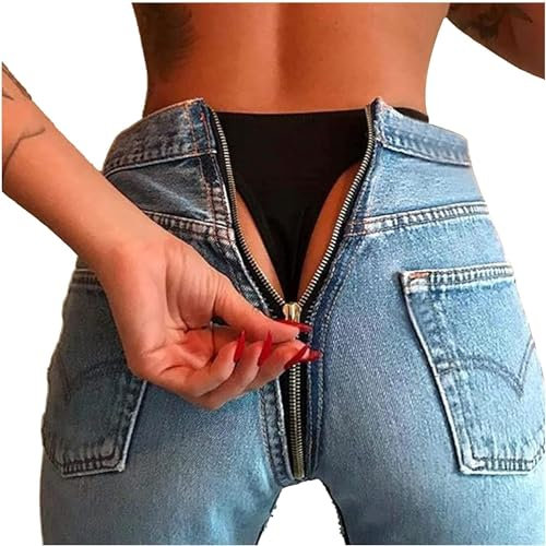 AALLYN Jeans da Donna Sexy con Cerniera Posteriore, Jeans a Vita Alta con Cerniera Posteriore, Leggings Elasticizzati in Cotone Lavato, Pantaloni Skinny(Size:X Grande,Color:Azzurro)
