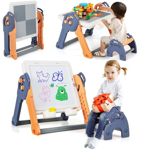 GYMAX 6 in 1 Kids Art Easel, Foldable Toddler Activity Table and Chair Set with Reversible Tabletop, Storage Space, 6 Markers & 102 Pcs Building Blocks, Children Sand/Water Table for 3-8 Years Old