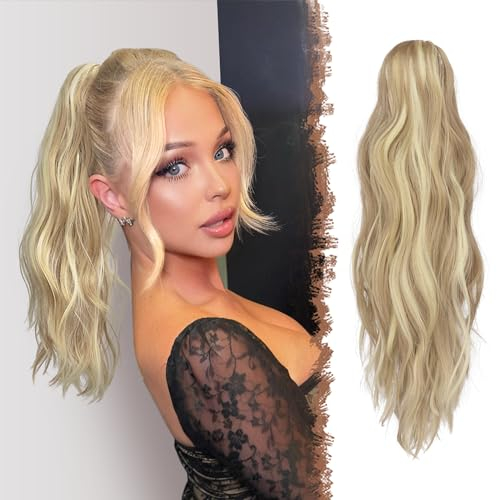 FESHFEN Gewellt Pferdeschwanz Haarteil mit Klammer, 50cm Pferdeschwanz Zopf Extensions Claw Clip in Wavy Ponytail Extension Synthetik Haarverlängerung für Damen, Dreckiges Blond