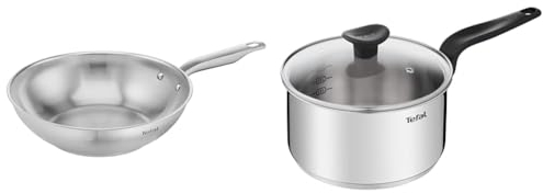Tefal E49219 Virtuoso Poêle wok en acier inoxydable de qualité supérieure non scellée Finition brossée Compatible induction Passe au four jusqu'à 250 °C 28 cm & PRIMARY casserole inox 20 cm / 3 L + CV