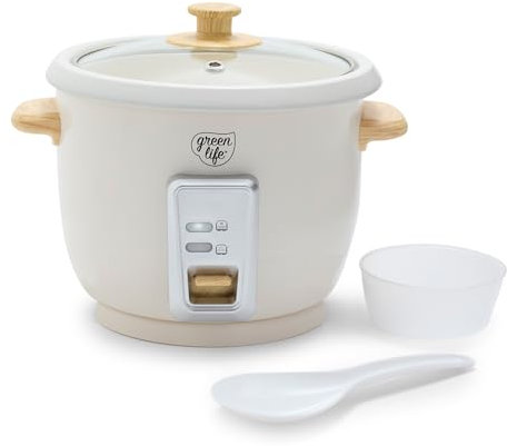 GreenLife 6-Cup Rice Cooker Steamer, PFAS Free Removable Ceramic Nonstick Pot, Auto Presets, Wood Print Handle, Keep Warm Function, One Touch Design, Dishwasher Safe, Measuring Cup, Rice Paddle, Cream