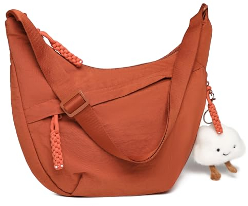 Micmores Crossbody Bag Damen Umhängetasche, Nylon Schultertasche Moon Bag Stylische Halbmond Tasche mit verstellbarer Schultergurt, Hobo Casual Handtasche für Arbeit, Reisen, Alltag(Orange)