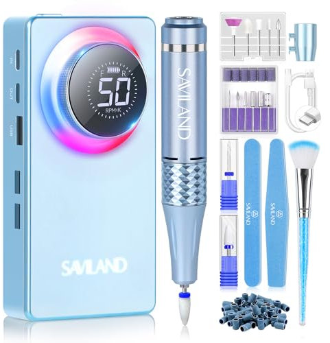 SAVILAND Electric Nail Drill Professional: 50000 RPM Efile Nail Drill for Acrylic Nails Rechargeable Portable Nail Filer Electric Cordless Nail Drill with Ceramic Drill Bits for Manicure Nail Salon