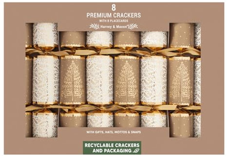 Harvey & Mason 8 Premium Gold Tree Christmas Crackers With Place Cards Festive Table Decoration Brown White