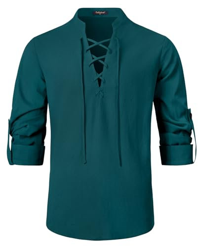 Enlision Herren Baumwoll Leinenhemden Schnürhemd Mittelalter Vintage Kostüm Langarm Klassisch Schottisch Jakobit Ghillie Kilt Hemd Blaugrün M