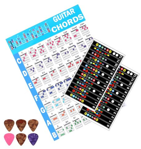 Gitarren Griffbrett Aufkleber Farbige Noten Aufkleber mit Gitarren Akkord Diagramm und 6 Plektren, 6 Saiten Akustikgitarre Zubehör für Anfänger(2 x Aufkleber + 1 x Akkordkarte + 6 x Plektren)
