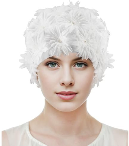Medifier Gorro de baño de pétalos florales para mujeres y niñas, pelo largo y corto, turbante elástico retro con flores y perlas, color blanco