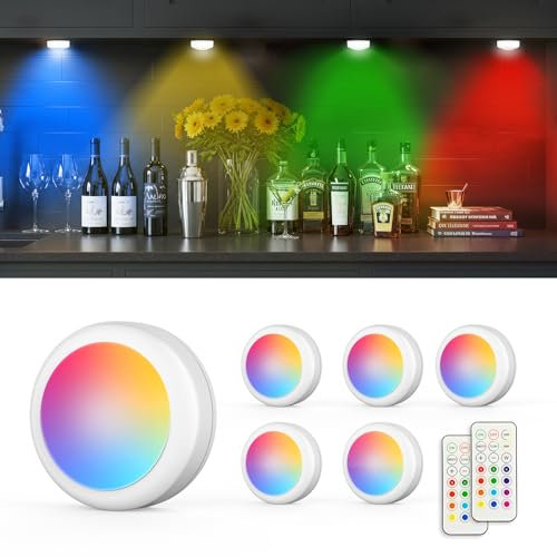 Moman 6 Piezas Luces LED Pilas Luz Armario, 13 Color LED Cocina Bajo Mueble con Mando a Distancia,Colores Regulables Temporización Luz Nocturna Para Estanterías,Alacenas,Vitrina (T025 Blanco)