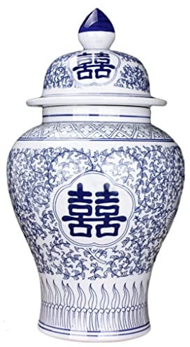 Vase, Keramikvasen, Glas mit Deckel for Heimdekoration, blau und weiß, modernes Muster mit doppeltem Glück, Tempelglas, Vase, Porzellan, getrocknete Blumenvasen, Geschenkglas(A)