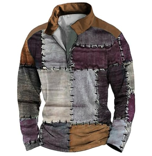 Nidddiv Maglione rosso da uomo con cappuccio stampato europeo e americano retrò con mezza cerniera da uomo con cappuccio a mezza zoo con stampa etnica, Lilla, XL