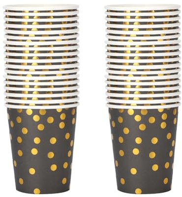 FSSTUD Lot de 50 gobelets en papier à pois de 255 ml pour fête, mariage, remise de diplôme, anniversaire, vacances, pique-nique - Noir doré