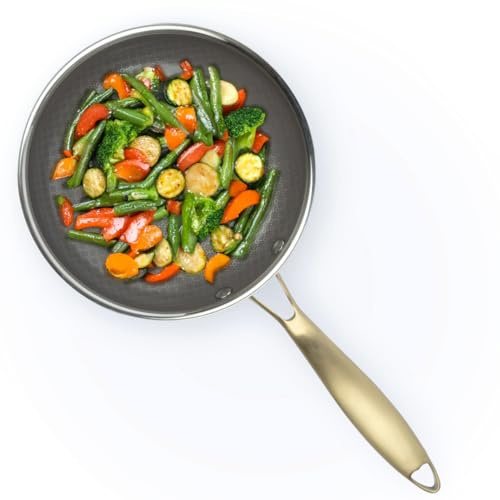 David Burke GeoClad Ceramic Hybrid Non-Stick 8 Fry Pan – Stainless Steel Sear Surface, Geometric Pattern, Tri-Ply Clad Body, PFOA-Free, Lid is Oven Safe up to 350°F – Coffee Gray/Gold