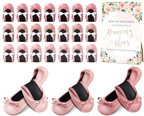Jecery 36 Pairs Foldable Ballet Flat for Wedding Guests Bulk Pink Ballerina Dancing Slippers Party Sign Women Portable Roll up Travel Purse Shoes for Bridesmaid Women Wedding Gift