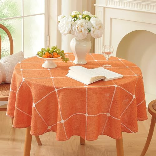 Plenmor Abwaschbar Tischdecke Rund 135cm Leinenoptik Tischdecke Orange | Leinen Tischdecke Baumwolle für Küche, Garten, Party, Runde Tischdecken