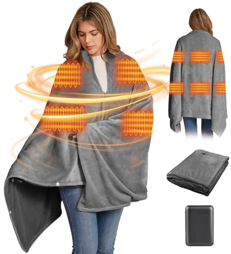 160x90cm Heizdecke Kabellos mit 16000mAh Akku, Waschbar Flanell Heizdecke zum Anziehen mit 6 Heizzonen und 3 Temperaturstufen, USB Elektrische Wärmedecke für Sofa, Büro, Reisen, Camping (Grau)
