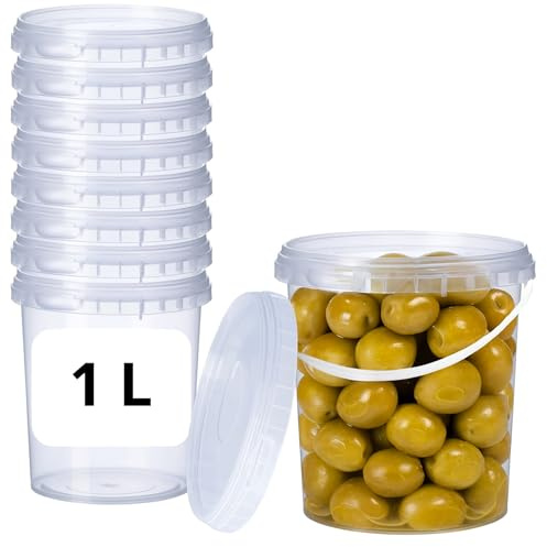 Cubo de plástico con Tapa, Tupper Hermético, Bote Almacenamiento, Tarro de alimentos, Envases para industria, Apto para Alimentos, Líquidos y Pintura, Polipropileno, Reutilizable, 1000cc redondo