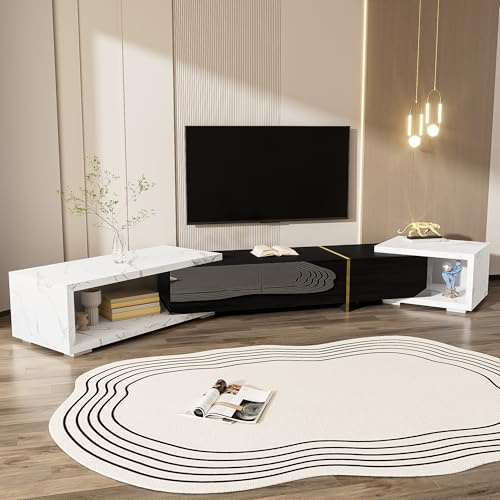 Generisch TV Schrank, Verstellbare Länge 140-260 cm,Drehbarer Funktion,3 Geschlossener Schrank, 2 Offene Fächer,TV-Board Stehend, Fernsehschrank für Wohnzimmer,Schwarzer, Weißer Marmor