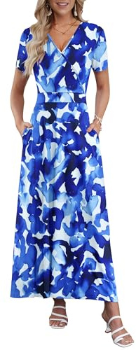 AUSELILY Summer Maxi Dresses for Women UK Short Sleeve V Neck Ladies Dresses with Pockets Ink Blue L