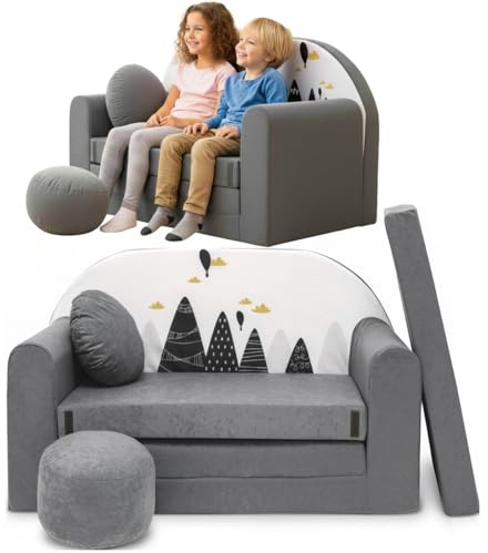 TUPPI Kindersofa mit Schlaffunktion 168x98 cm - Kindersofa Ausklappbar | Kinder Sofa für Kinderzimmer - Samtweicher Velours - 4-teilig inkl. Kissen & Puff