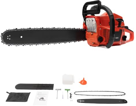 Tronçonneuse à essence | Kit tronçonneuse | Moteur 2 temps | 52 cm³ de cylindrée | 10500 tr/min | 2,2 kW | Rail de 20 | Épaisseur de coupe 48 cm | Démarreur à câble | Avec protection de la lame