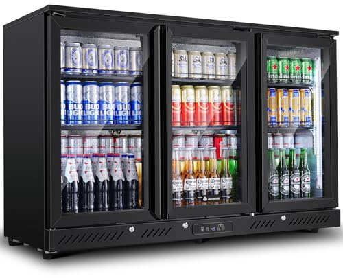 AAOBOSI Getränkekühlschrank 339L mit Glastür, 3-türiger Bierkühlschrank mit LED-Seitenbeleuchtung, Temperatur 0–10°C, Automatische Abtauung, Sicherheitsschloss, Kühlschrank für Gastro, Bar, Homebar