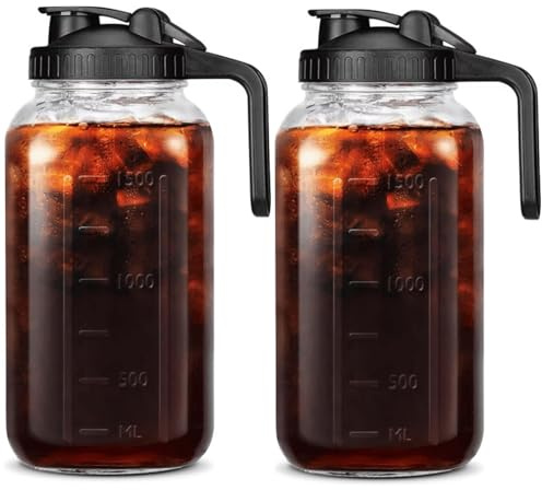 Mason Jar Pitcher 64oz 2PCS Leak Proof Glass Juice Pitcher with Lid & Spout, Wide Mouth Cold Brew Mason Jar for Liquids, Ice Tea, Juices, Coffee, Breast Milk