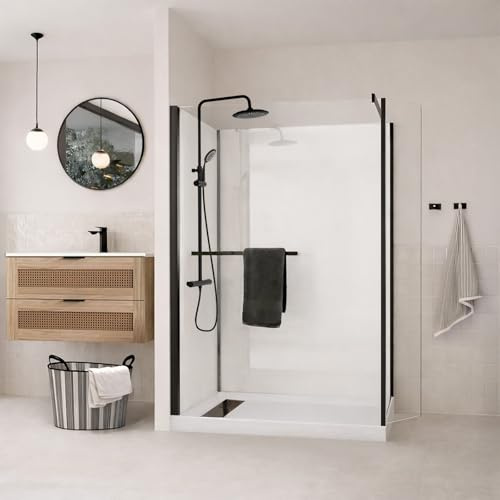 Cabine de Douche à l'Italienne 120x90 - Colonne Thermostatique Noire et Receveur Bas Effet Pierre