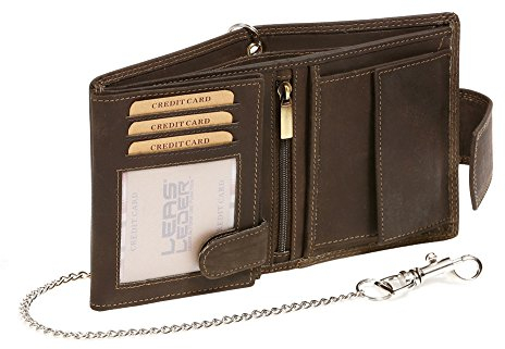LEAS MCL Biker Cartera con Cadena Cromo y Cierre Externo para señores Motociclista Monedero para señoras Trucker Vintage-Style, Piel auténtica, marrón - ''LEAS Chain-Series''
