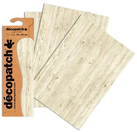 Décopatch C673O - Une pochette de 3 feuilles de papier imprimé 30x40 cm, Bois blanc