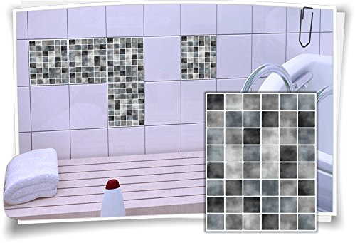 Medianlux Fliesen-Aufkleber Fliesen-Bild Fliesen-Imitat Mosaik Grau Bad WC Deko Dekor Badezimmer Kachel Folie Digitaldruck, 4 Stück, 20x25cm