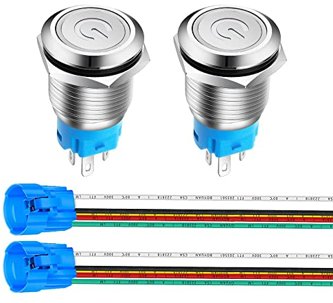 Gebildet 2pcs 16mm Interruttori a Pulsante ad Aggancio in Acciaio Inossidabile, 12V-24V 5A LED 1NO1NC SPDT ON Off Interruttore a Levetta Impermeabile con Spina a Filo (LED Bianca)