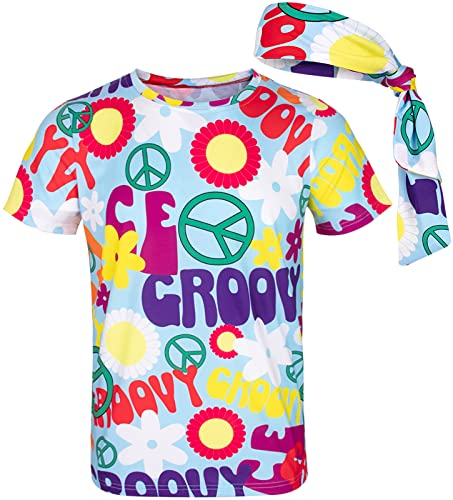COSAVOROCK Herren 60er 70er Jahre Groovy Hippie Kostüm T-Shirts mit Stirnbänder (M, Peace)