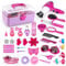 deAO 34-teiliges Friseur- und Glamour-Schminkkoffer, Spielset, Make-up-Zubehör, Pretend Schmuck, Lockenstab und Spielzeug-Haartrockner inklusive, Rosa