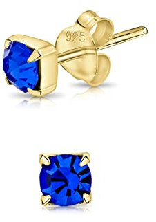 Orecchini Punto Luce Oro - Zaffiro Blu - Quadrati Argento 925 Placcati Oro Con Brillantino di Cristallo 4 mm - Dorati - Lobo Donna