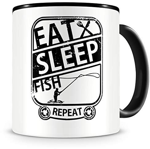 Samunshi® Angler Tasse mit Spruch Eat Sleep Fish Repeat Geschenk für Angler Kaffeetasse groß Lustige Tassen zum Geburtstag schwarz 300ml