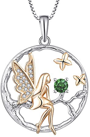 FJ Schutzengel Halskette Anhänger 925 Sterling Silber Engel Kette Damen Fee Schmetterling Baum des Lebens Halskette Smaragd Mai Geburtsstein Kette Schmuck Geschenke für Frauen Mädchen