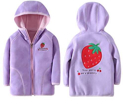 Bambini Pile Polare Giacca con Cappuccio Bambino Piccolo Felpa Caldo Cappotto Casual con Cerniera Stagioni di Transizione Primavera Autunno Inverno, Motivo Fragola Viola 130