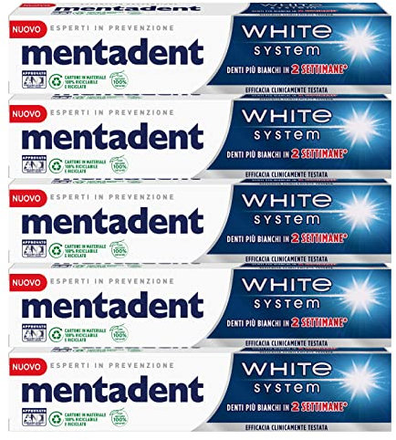 5x Mentadent White System Dentifricio Sbiancante Delicato sullo Smalto - 5 Flaconi da 75 ml ognuno