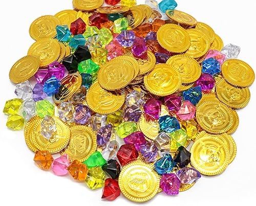 PIQIUQIU 150 Stück Piraten Goldmünzen(50 Stücke Pirat Münzen mit 100 Stücke Kinder Piraten Edelsteine für Kinder,Piratenschatz,Piratenparty Mitgebsel,Schatzsuche Kindergeburtstag